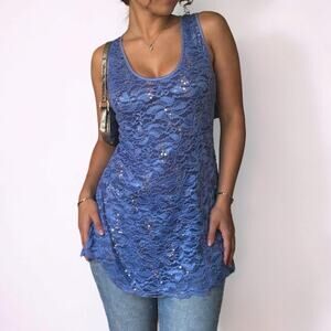 Y2K BKE Blue Lace Sequin Racerback Fitted Tank Top Large